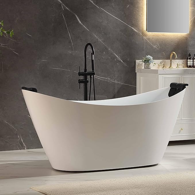 Empava Update Acrylic Whirlpool Bathtub, 67-Inch Freestanding Boat Shaped Jetted Bathtub with Healing Chromotherapy, 18 Hydromassage Jet, Double-Ended Massage Bathtub with Two Black Pillows