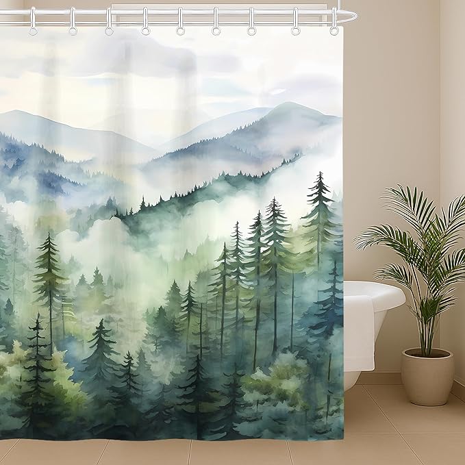 Coveted Goods 72" x 84" Mountain Forest Shower Curtain, Misty Pine Tree Landscape, Waterproof Polyester, Includes Grommets and Hooks, Machine Washable Nature-Inspired Bathroom Decor