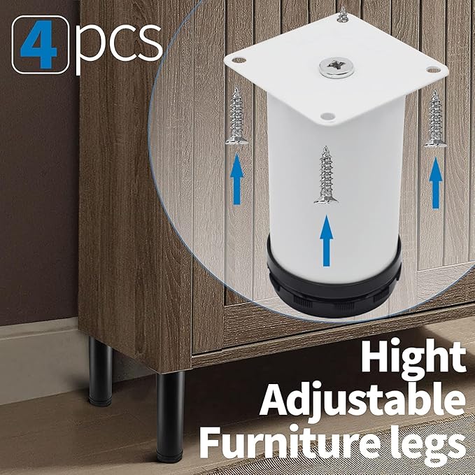 4 Inch Metal Furniture Legs Stainless Steel Adjustable Legs White Metal Legs Round Cabinet Legs for Coffee Table Cabinet Desk Sofa Shelves, Pack of 4