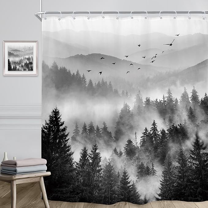 Riyidecor Black and White Shower Curtain 72Wx96H Inch Extra Long Mountain Scenery Nature Pine Tree Cool for Mens Scene View Landscape Bathroom Decor Fabric Polyester Waterproof 12 Pack Hooks