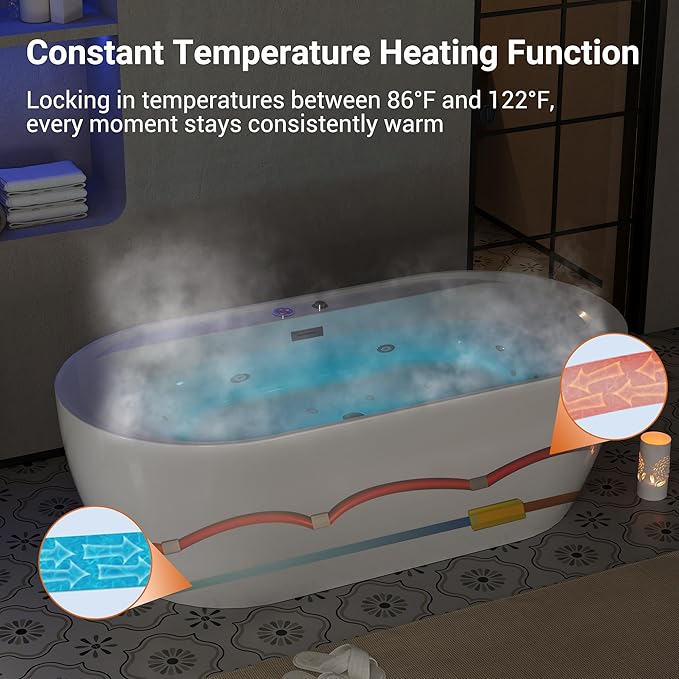 71 Inch Luxury Acrylic Freestanding Bathtub with Air Bubble & HydroJet Massage, Multi-Color LED Mood Lighting, Oversized Soaking Spa for Modern Bathrooms