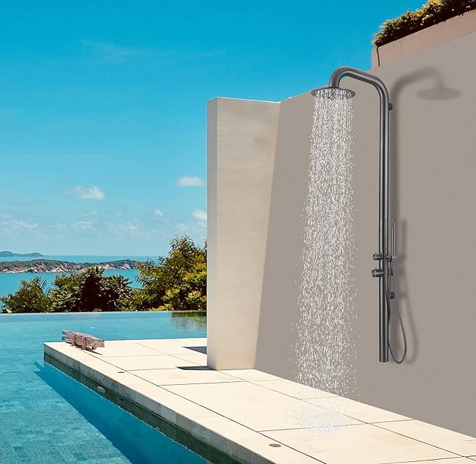 HEATGENE Outdoor Shower with Body Jets and Handheld, Wall-Mounted Shower Head for Outside/Poolside/Patio Drench Shower - Grey
