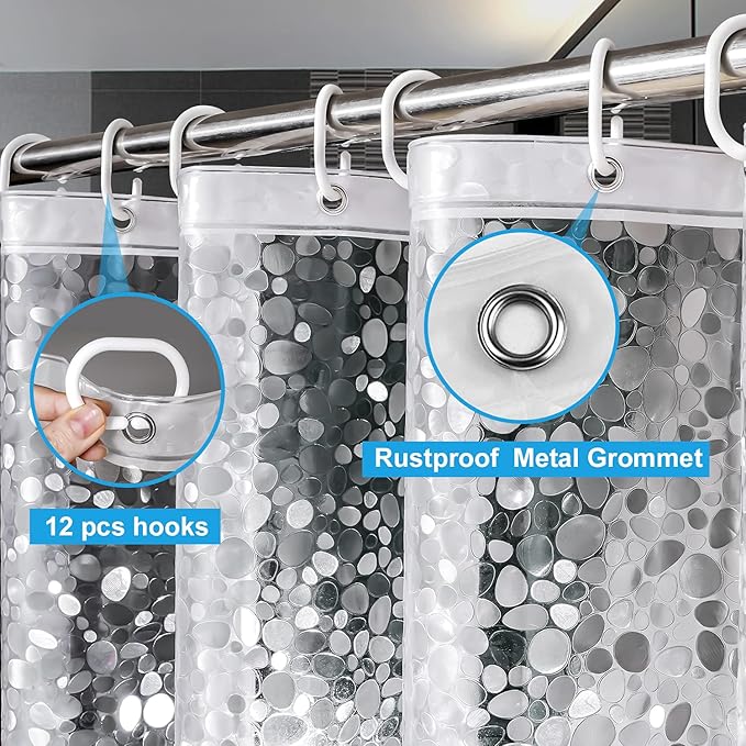 UFRIDAY Long Shower Curtain Liner 72 x 78 Inch, Thick EVA Waterproof Weighted Shower Curtain for Bathroom Heavy Duty with 3 Big Bottom Magnets,Clear, 3D Cobblestone