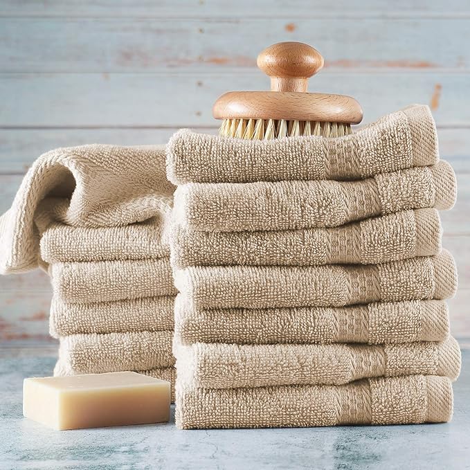 Hearth & Harbor Washcloths 12 Pack - 100% Cotton Washcloth for Body and face, High Absorbent and Soft 13"x13" Body Wash Cloth, Quick Dry - Cream Washcloths