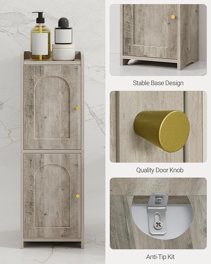 Bathroom Storage Cabinet, Corner Floor Cabinet with 2 Doors and Adjustable Shelf, Narrow Toilet Paper Cabinets, Bathroom Organizer for Small Spaces, 7.9" D x 9.8" W x 29.5" H Greige
