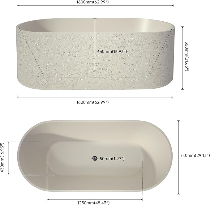 63" Premium Travertine Solid Surface Freestanding Bathtub, Unique Matte Textured Surface Stone Resin Soaking Tub with Pop-up Drain
