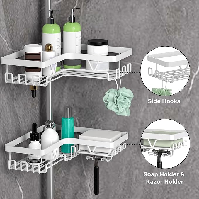 KEGII Corner Shower Caddy Tension Pole - Shower Tension Rod Organizer, Floor to Ceiling Shower Caddy 25-114.2 inch, Bathroom Rack Corner Waterproof, Pure White