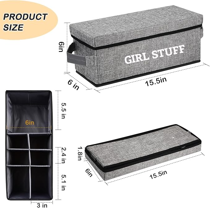 Tampon Holder for Bathroom, Bathroom Storage Containers with Lid, Adjustable Divider Feminine Product Organizer, Tampon Organizer, Bathroom Accessories Decor Boxes (Grey Printed GIRL STUFF, 1-Pack)