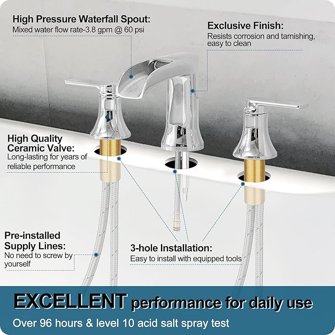 Chrome Deck Mount Tub Faucet 3 Hole, Brass Widespread Waterfall Bathtub Faucet 2 Handle 8-16 Ins Bath Tub Faucets Set High Flow Faucet for Bathtub