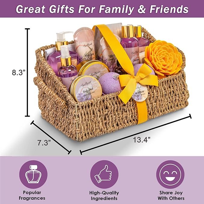 Bath Spa Gift Sets - Luxury Basket With Honey & Lavender - Spa Kit Includes Wash, Bubble Bath, Lotion, Bath Salts, Body Scrub, Body Spray, Shower Puff, Bathbombs, Soap and Towel