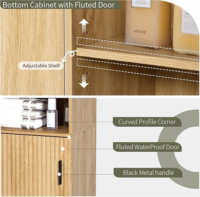 68" Tall Bathroom Storage Cabinet,Narrow Fluted Tower Cabinet with Door and Shelves,Slim Space Saving Storage Unit for Bathroom Kitchen Living Room (Natural, 11.8" D x 15.75" W x 68" H)