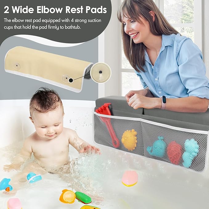 Bath Kneeler and Elbow Rest Pad Set - 2 inch Comfortable Thick Baby Bath Kneeler Pads, with Toy Organizer Pockets - Quick Drying, Foldable, Non-Slip for Baby and Toddler Bathing (Grey)
