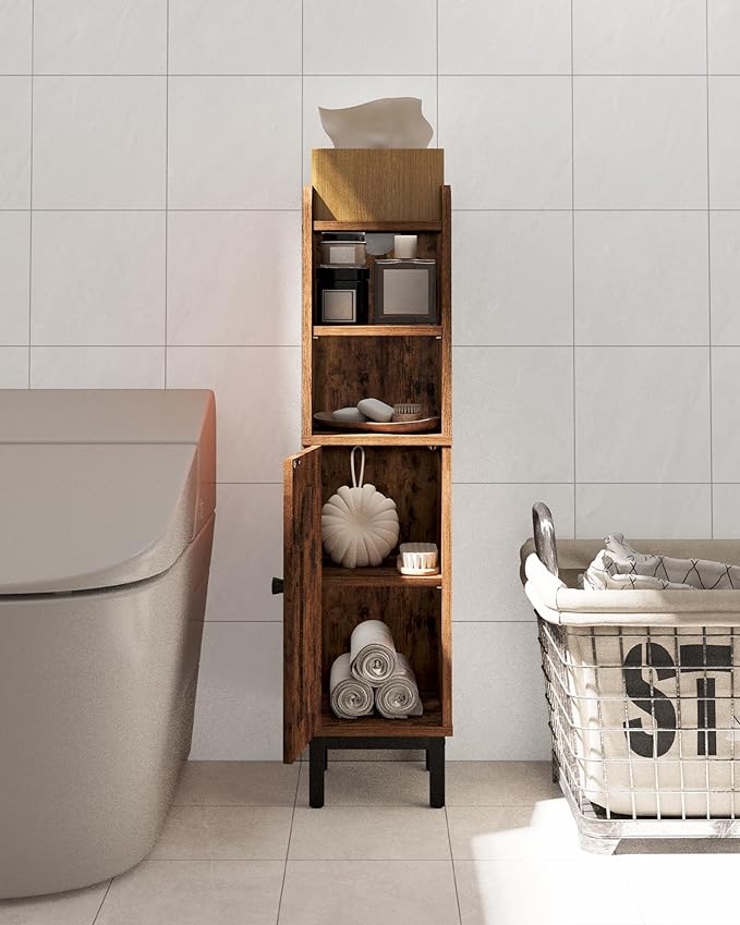 Bathroom Storage Cabinet, Small Corner Floor Cabinet with Door and Shelves, Narrow Toilet Paper Holder, Bathroom Organizer with Adjustable Shelf, for Small Spaces, Rustic Brown BC08201X