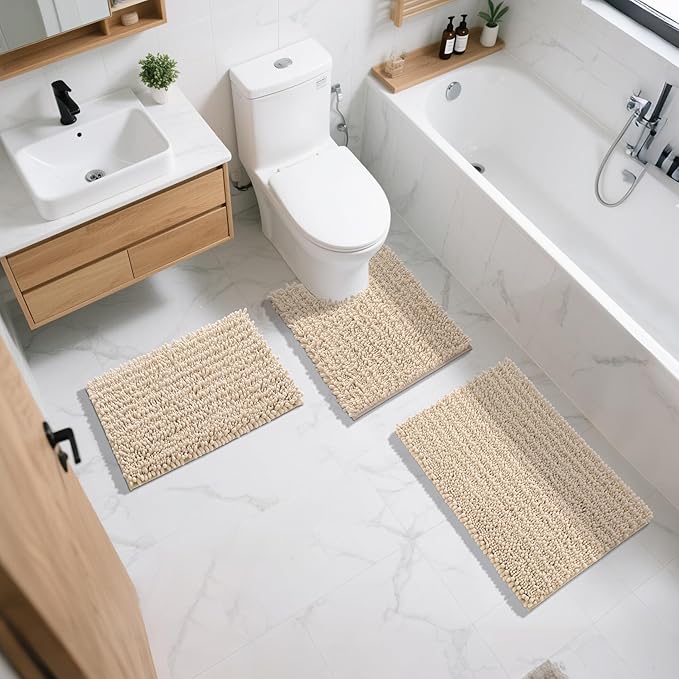 Yimobra Bathroom Rugs Sets 2 Piece - Quick Dry Extra Thick Luxury Chenille Bath Mat, Non Slip Super Absorbent for Tub Shower Sink, Machine Washable Shaggy Floor Mat, 32"x20"+24"x17" Inch, Light Brown