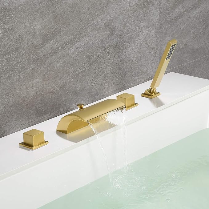 sumerain Waterfall Roman Tub Faucet with Hand Shower Brushed Gold Finish High Flow