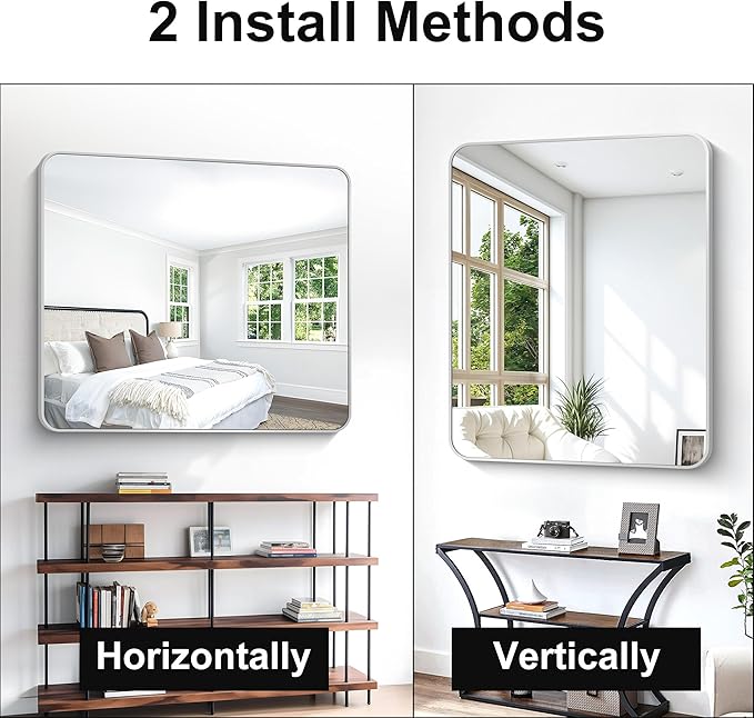 BONEWEI Silver Bathroom Mirror,40x48 inch Wall Mirror for Bathroom Wall Mounted,Rectangle Mirror for Bathroom Over Sink,Modern Frame Round Corner for Living Room,Bedroom Entryway,Horizontal/Vertical