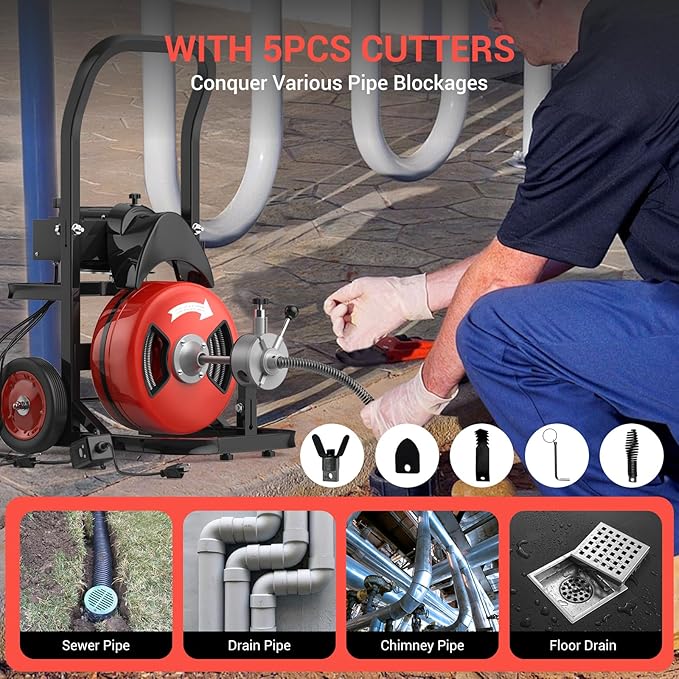75 ft 1/2 in Cable Drain Cleaning Machine, 450W Auto Feed Portable Electric Sewer Snake, Electric Drain Auger with 6 Cutter Air-Activated Foot Switch for 2 in to 4 in Pipes