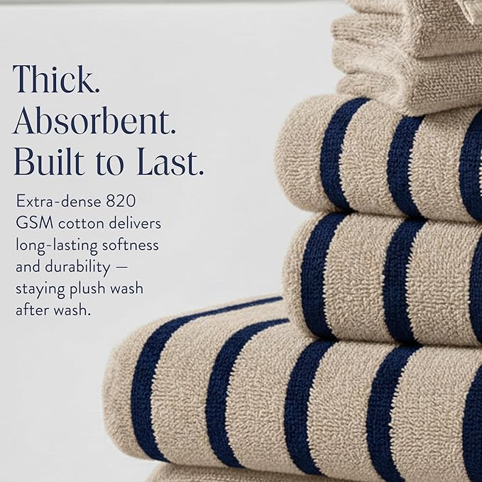 Brooklinen Super-Plush Bath Towel and Hand Towel Set - 2 Bath Towels, 2 Hand Towels - Cotton, Highly Absorbent (Striped Midnight Navy)