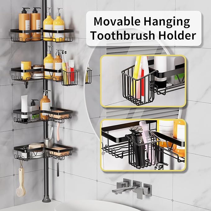 KEGII Corner Shower Caddy Tension Pole, Adjustable Bathroom Organizer Shelf with Toothbrush Holder, Floor to Ceiling Shower Organizer 25-114.2 Inch, Bathtub Storage Rack for Renters, Family