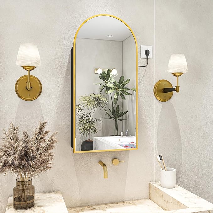 FKWin Arched Bathroom Medicine Cabinet with Mirror and Power Outlet, Gold Wall Mounted Mirror Medicine Cabinet for Left or Right Opening, not Recessed, Vanity Bathroom Mirrors, Gold, 16x32 inch