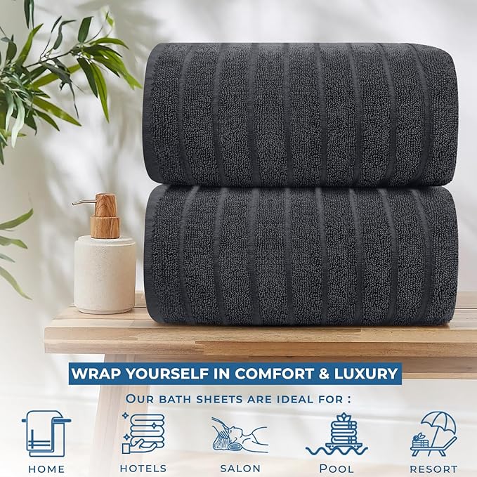 DAN RIVER Pack of 2 Bath Sheet 35x70 Inches, Extra Large Ribbed Bath Towels Oversized, Absorbent Cotton Towels for Bathroom - Dark Gray
