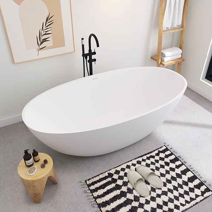 SJ STAR&JANE 71" x 35" SJ STAR&JANE Solid Surface Freestanding Bathtub Stone Resin Oval Soaking Tub Stand Alone Tub with Pop-up Drain & Overflow Matte White