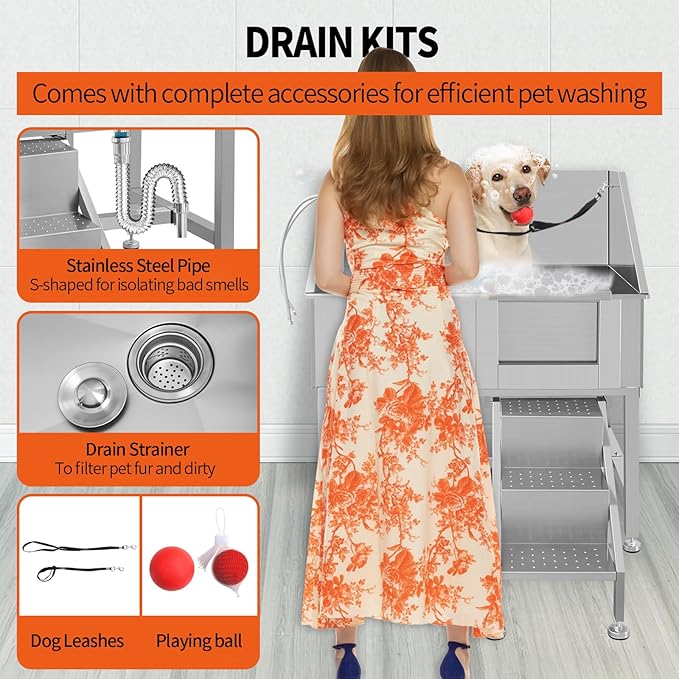 38" Stainless Steel Dog Cat Pet Grooming Bath Tub (w/Faucet, Sprayer, Shampoo Rack),Right Door