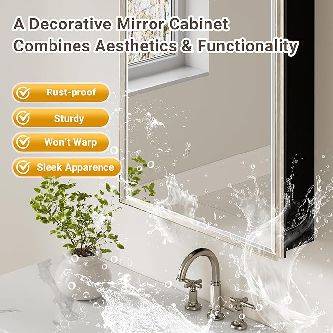 16x26 Pre-Assembled Bathroom Medicine Cabinet Mirror, Surface or Recessed Brushed Nickel Medicine Cabinet with Mirror & Rustproof Aluminum Frame, Beveled Bathroom Vanity Mirror with Storage