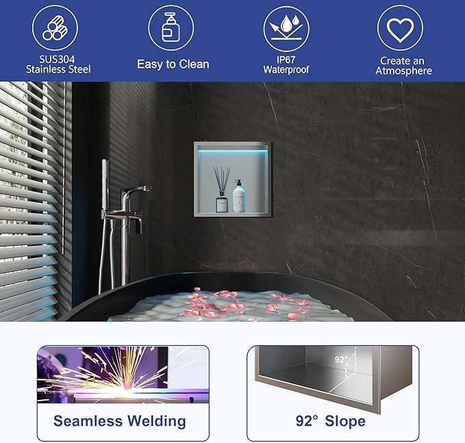 12X12 RGB Shower Niche, Brushed Nickel Stainless Steel LED Wall Niche, No Tile Needed Recessed Storage for Bathroom Storage Built-in Installation