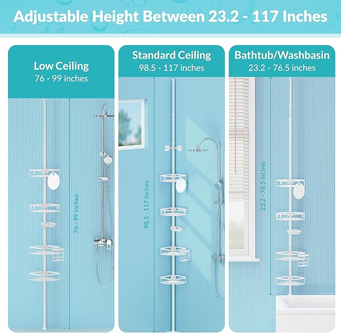Shower Caddy Tension Pole, 4-Tier Adjustable Corner Shower Standing Caddy, Rustproof Shower Rack for Bathroom Bathtub, with 4 Shelves, No Drilling Shower Shelf for Inside Shower (White)