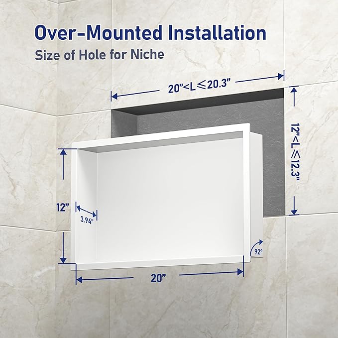 Stainless Steel Shower Niche 20" X 12" White No Tile Needed Niche Shower for Bathroom Storage Recessed Wall Shelf Over Mount Installation