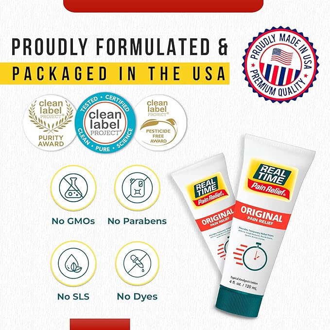 Real Time Pain Relief Cream 4oz Tube | 17 Natural Ingredients: 1.25% Menthol, Arnica & MSM | Muscle Strain & Joint Discomfort Relief for Arthritis, Cramps, Sprains, Bruises, Hands, Back & Knee Pain