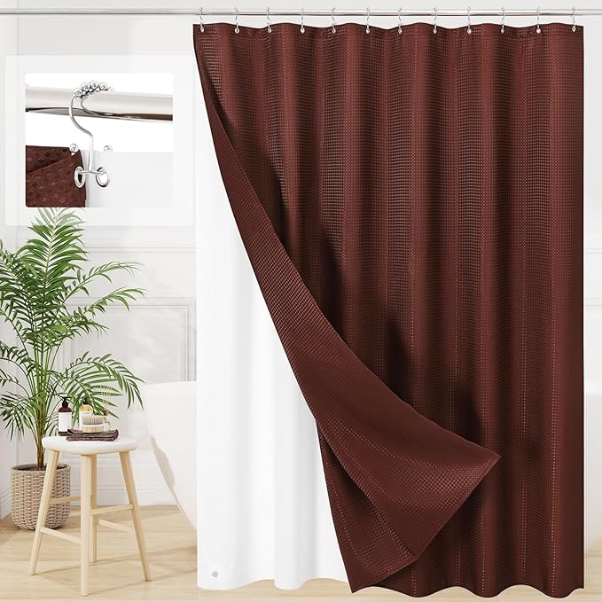 3 in 1 Extra Long Brown Shower Curtain Set-72 W x 84 H, Modern Waffle and PEVA Liner Set with 12 Stainless Steel Hooks, Waterproof Fabric for Bathroom