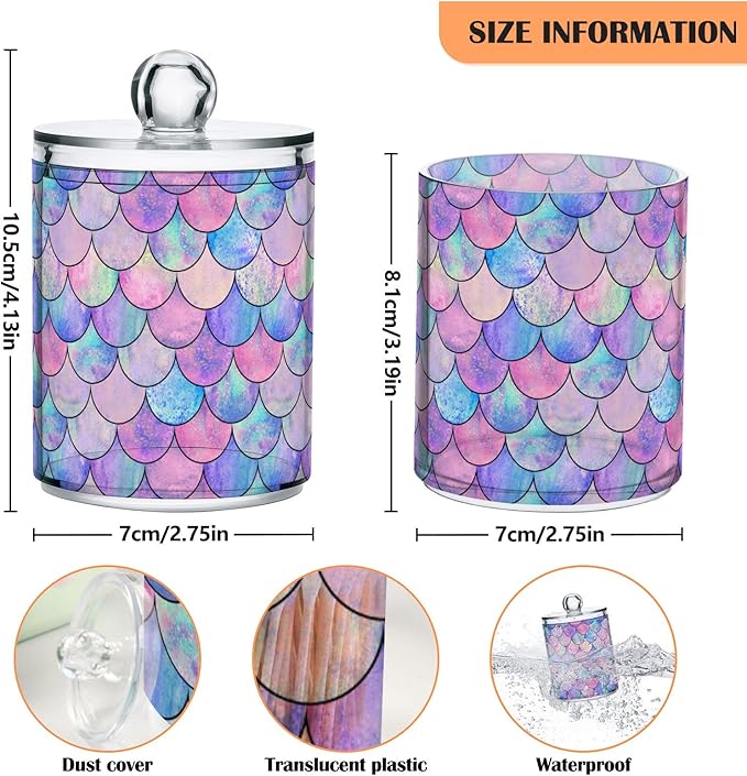 MNSRUU 2 Pack Qtip Holder Organizer Dispenser Colorful Mermaid Scales Bathroom Storage Canister Cotton Ball Holder Bathroom Containers for Cotton Swabs/Pads/Floss