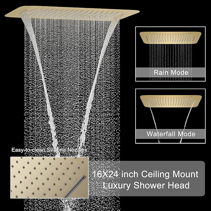 Brushed Gold Digital Display Shower System with 16X24 inch Ceiling Mounted Shower Head(Rain&Waterfall Modes), with Handheld Spray and 6 PCS Dual Modes Body Jet