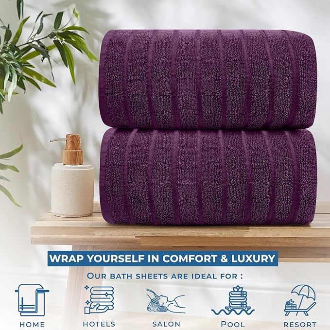 DAN RIVER Pack of 2 Bath Sheet 35x70 Inches, Oversized Ribbed Quick Dry Towel, Soft Luxury Towels for Bathroom - Purple Passion