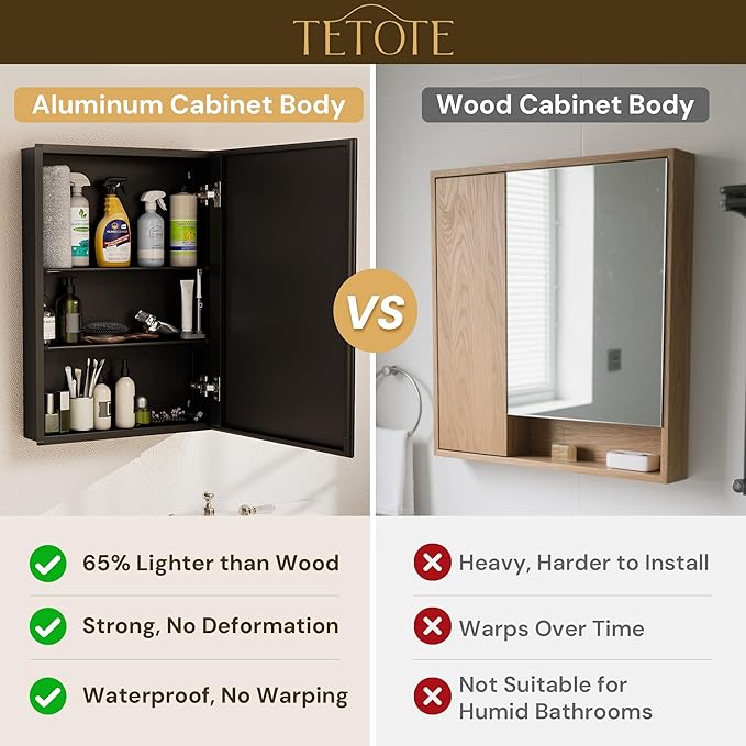 TETOTE 30 x 26 Bathroom Mirror with Storage with Tempered Beveled Mirror Black Medicine Cabinet Aluminum Cabinet DTC Hinges, Stepless Adjustable Shelves, Recessed/Surface-Mounted