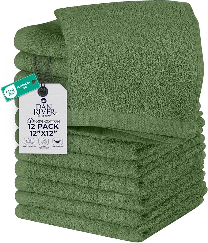 DAN RIVER 12 Pack Wash Cloths for Showering [12x12] - 100% Cotton Washcloths Premium Quality Flannel Face Cloths for Bathroom, Highly Absorbent and Soft Feel Wash Clothes, Sage Green