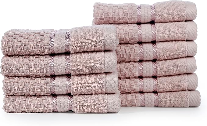 Ample Decor 100% Cotton Soft Pink Washcloths Set of 10- Super Soft, Quick-Dry, Highly Absorbent, Popcorn Textured - Mulaayam Collection - 12 X 12 Inch