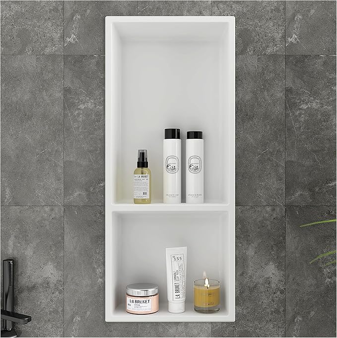 Shower Niche No Tile Needed, 12.2"x28.7"x3.8", Vertical Double Recessed Wall Niche, Bathroom Wall Niche Inserts, SMC Shower Shelf (White)