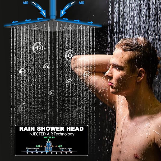 Temperature Display Shower Faucet Set Matte Black Shower System with 12" Ceiling Shower Head, Handheld Spray and 4 Body Jet, Multi-function Push Button Shower Faucet Trim Kit