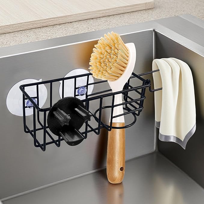 Sponge Holder Smile Face with Dish Cloth Hanger for Kitchen Sink, In-sink Caddy Organizer with Suction Cups & Adhesive Strips, Rustproof Sponge Rack for Soap, Brush, Scrubber - Black（2 Pack）