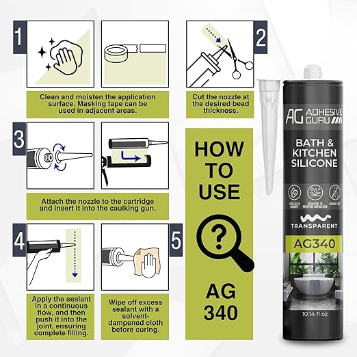 Adhesive Guru AG340 Clear Silicone Sealant (12x10.14 fl oz), 100% Silicone Caulk, Weatherproof & Flexible Adhesive Sealant for Bath and Kitchen, 12 Pack