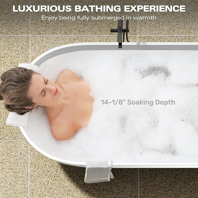 Abruzzo 63" Freestanding Bathtub Solid Surface - Oval Stone Resin Soaking Tub with Overflow & Pop-Up Drain, cUPC Certified Matte White, Heavy Duty for Modern Bathroom