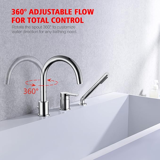 3 Hole Deck Mount Roman Tub Faucet with Hand Shower, Solid Brass Chrome Finish Valve Included