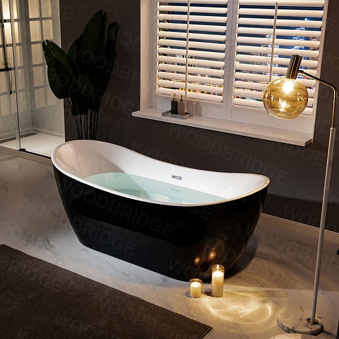 WOODBRIDGE 71" Acrylic Freestanding Bathtub Contemporary Soaking Black Tub with Brushed Nickel Overflow and Drain,Black,B1817-BN