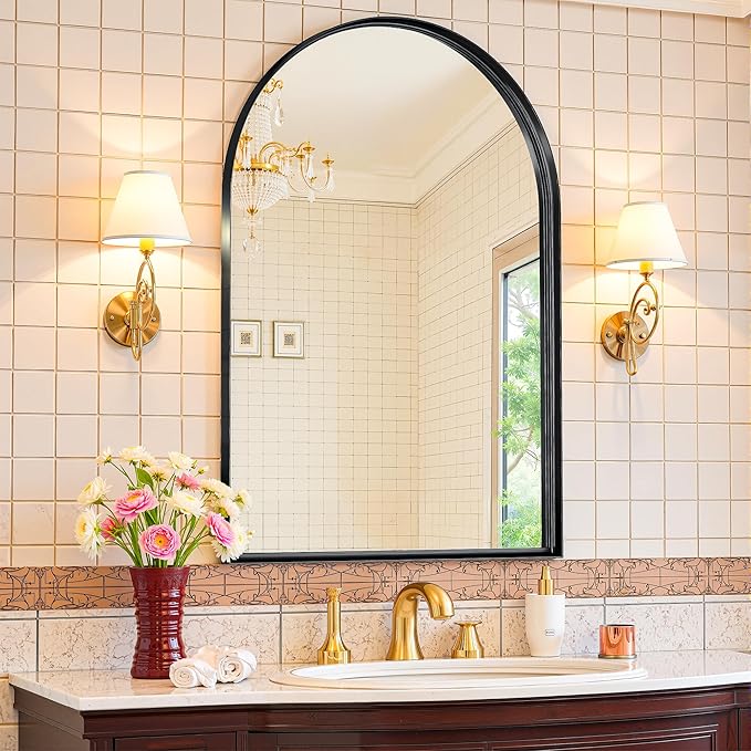Arched Mirror 24"x36", Bathroom Mirror, Wall Mounted Vanity Mirror with Arch Metal Frame for Bathroom, Over Sink, Bedroom, Living Room, Deep Frame, Black