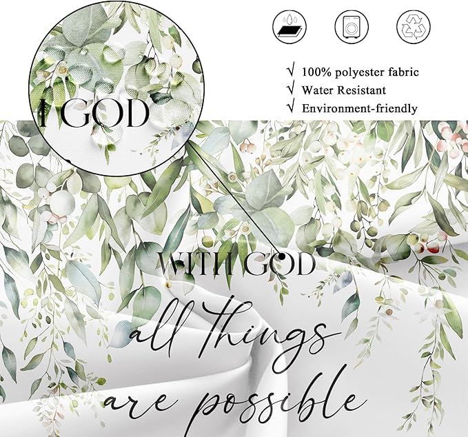 Riyidecor Sage Green Eucalyptus Leaves Shower Curtain for Bathroom Decor 72Wx72H Bible Verse Quotes Spring Floral Botanical Watercolor Art Printed Fabric Polyester Waterproof 12 Pack Metal Hooks