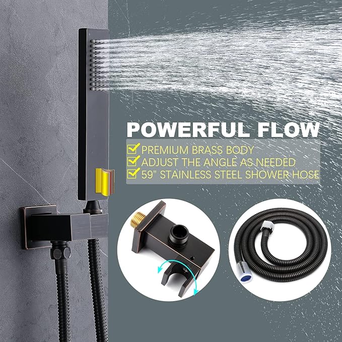 Oil Rubbed Bronze Digital Display Shower System with 12 inch Ceiling Mounted Shower Head and Wall Mounted Two Shower Head(8 inch), with Handheld Shower