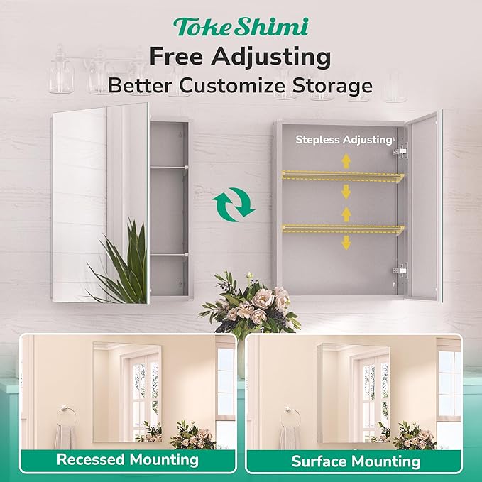 TokeShimi 16x20 Recessed Medicine Cabinet with Mirror Aluminum, Tempered Frameless Bathroom Mirror with Storage Adjustable, Silver Surface Mount Medicine Cabinet for Bathroom Farmhouse